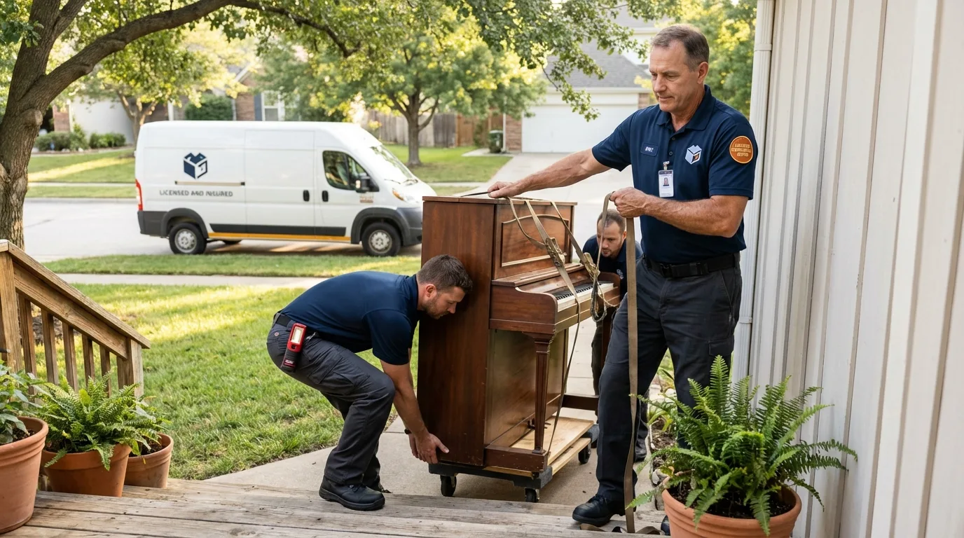 Licensed piano movers securing grand piano in Valdez, AK