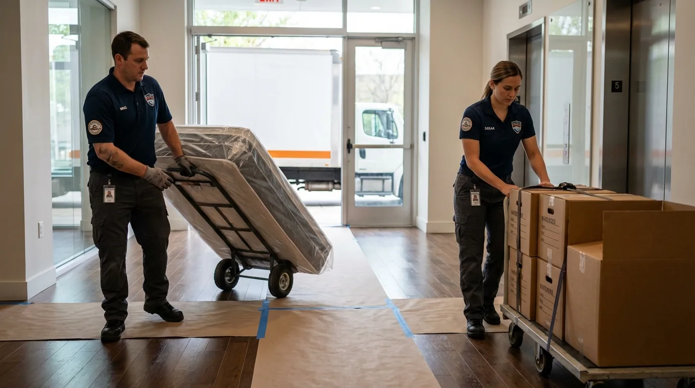 Professional apartment movers loading elevator in Valdez, AK