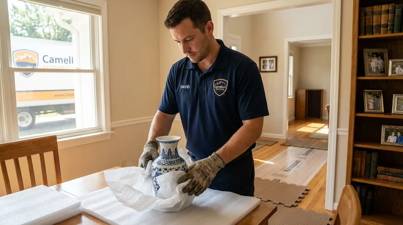 Professional crew carefully wrapping antique vase for senior downsizing move in Valdez, AK
