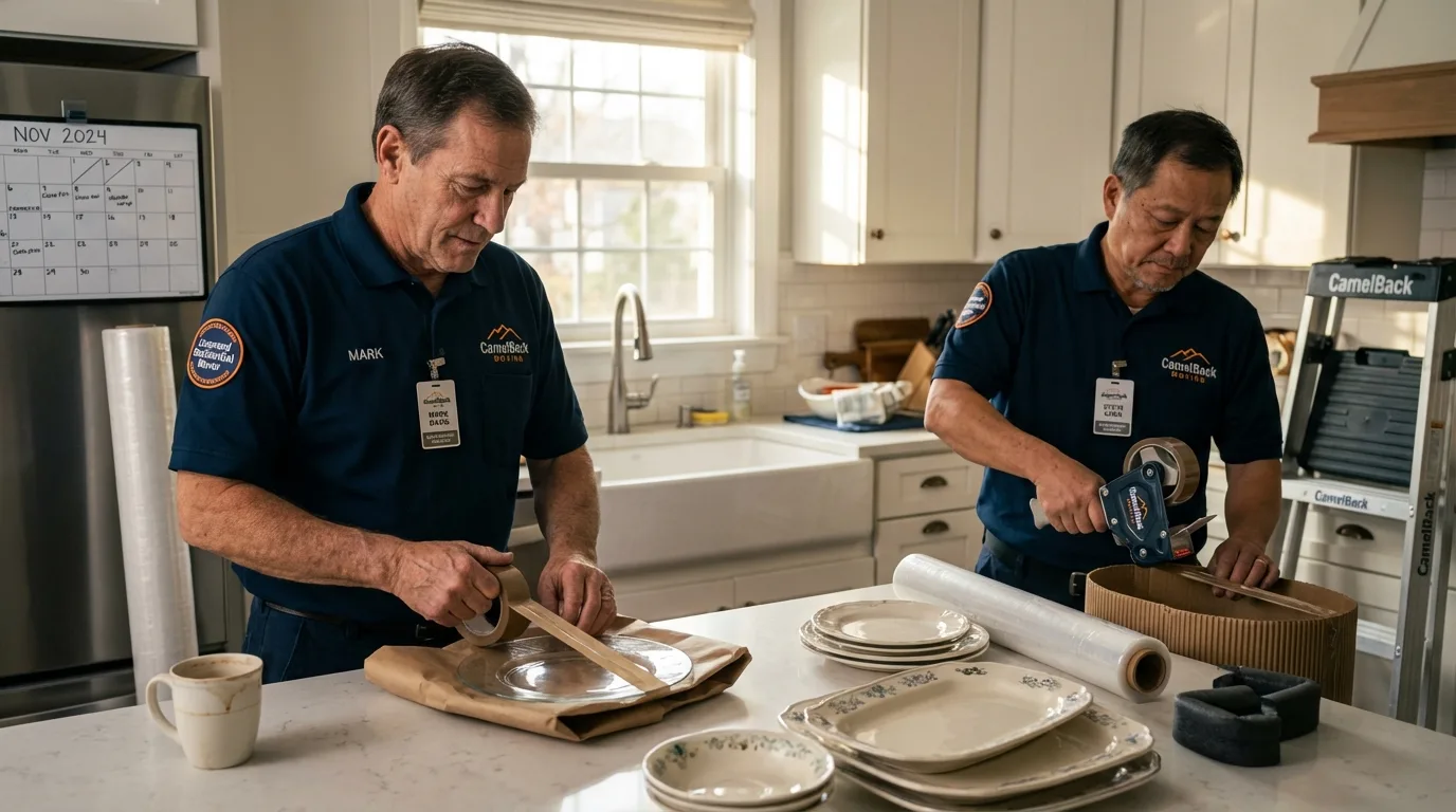 Professional crew packing kitchen dishware in Valdez, AK